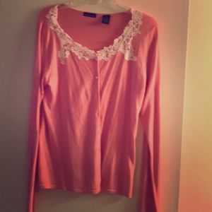 Peach silk cardigan with lace trim